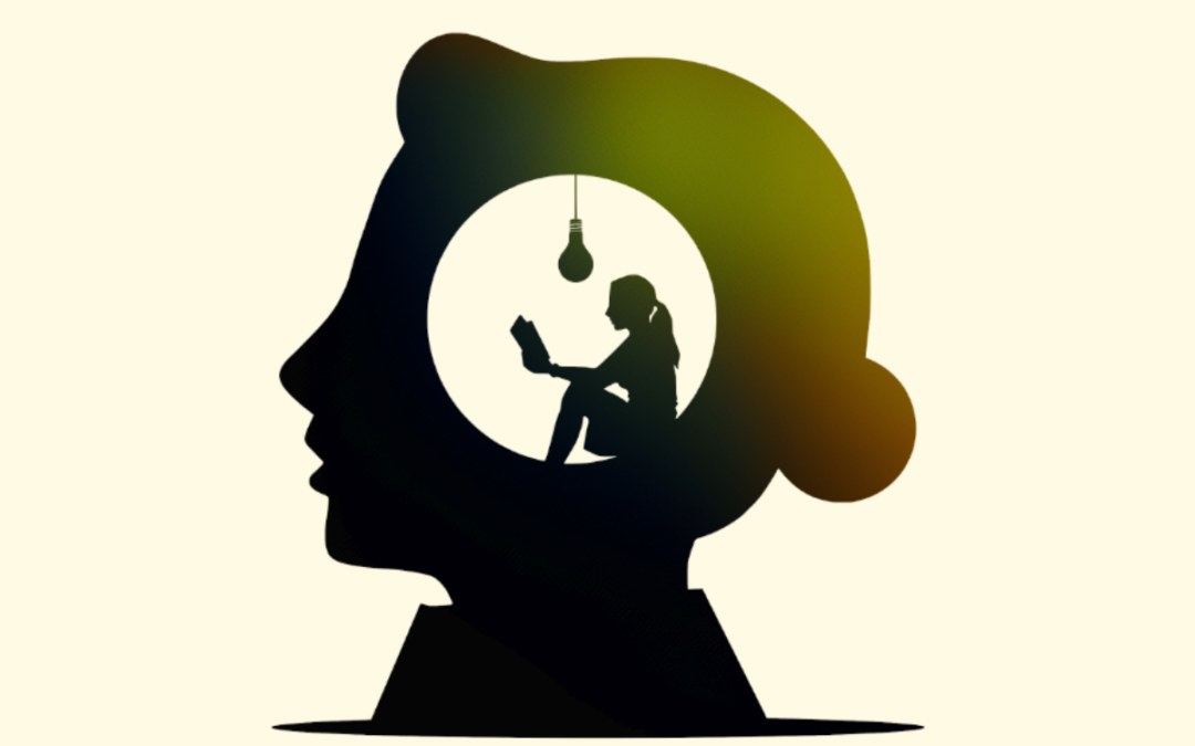 dame met gloeilamp en een andere dame die een boek leest in haar hoofd